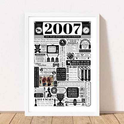 2007 Personalised Birthday Poster with Photo | Year You Were Born 18th Birthday Gift - The Word Shack