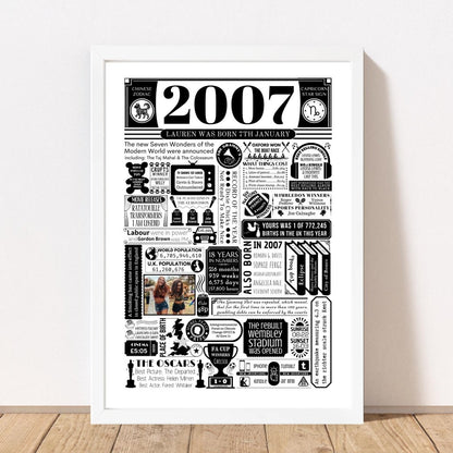 2007 Personalised Birthday Poster with Photo | Year You Were Born 18th Birthday Gift - The Word Shack