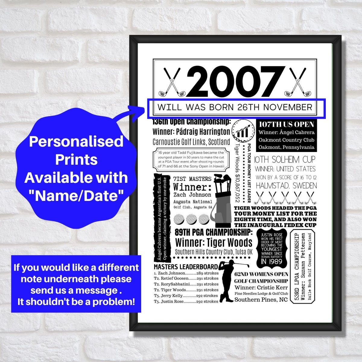 2007 Personalised Golf Fact Print | 18th Birthday GIft - The Word Shack