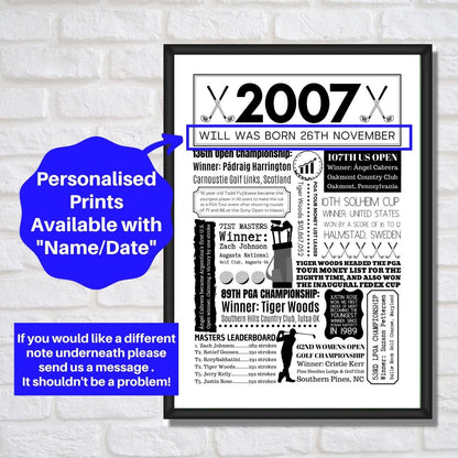 2007 Personalised Golf Fact Print | 18th Birthday GIft - The Word Shack