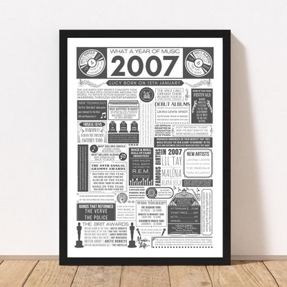 2007 Personalised Music Fact Print | 18th Music Birthday Gift - The Word Shack