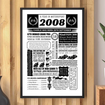 2008 Personalised 18th Birthday Motorsport Print - The Word Shack