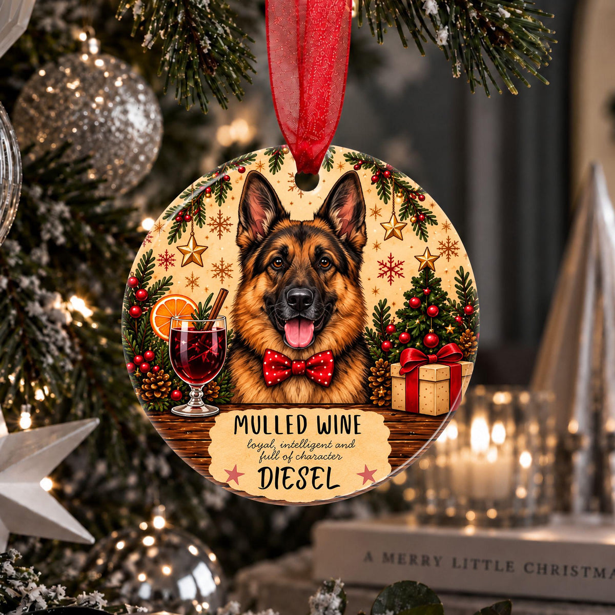 A personalized round Christmas ornament hanging on a decorated Christmas tree. The ornament features a German Shepherd dog wearing a red bow tie, surrounded by festive illustrations of mulled wine, pine trees, ornaments, and gifts.
