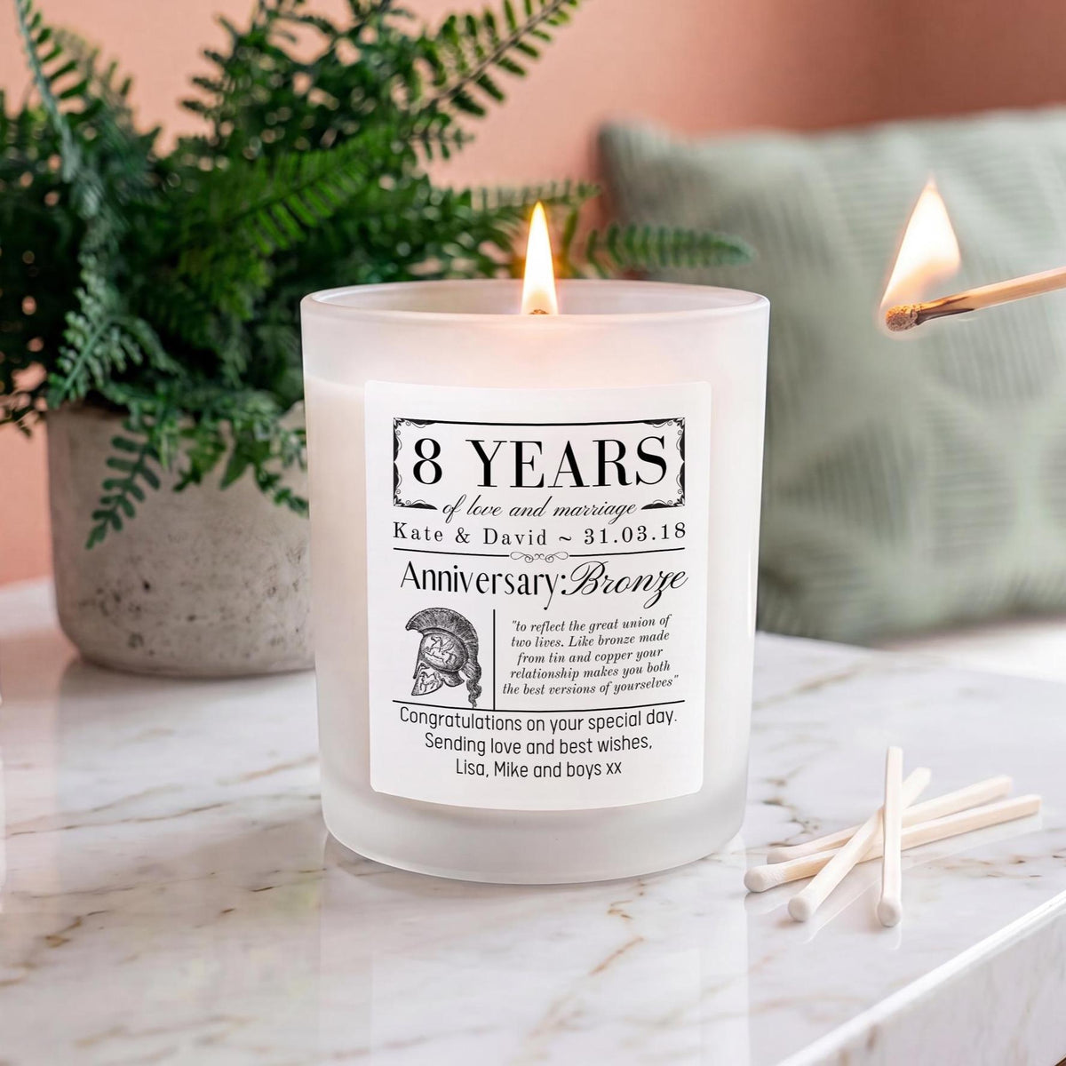 Personalised 8th Wedding Anniversary Candle | Bronze Anniversary Gift for Couple