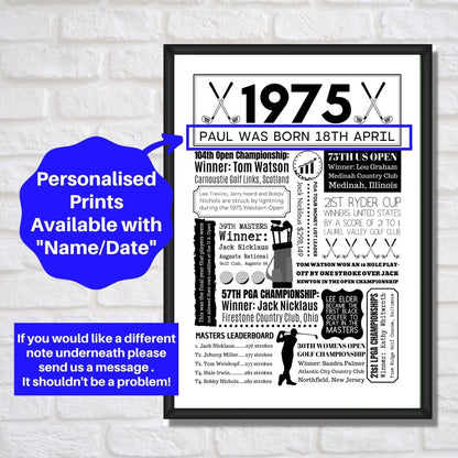 50th Golf Birthday Gift | Personalised 1975 Year You Were Born Golf Poster - The Word Shack