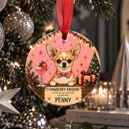 A personalized round Christmas ornament hanging on a decorated Christmas tree. The ornament features a cartoon Chihuahua dog wearing a pink bow tie, with a pink background, a martini glass with a strawberry, a Christmas tree, and a gift box.