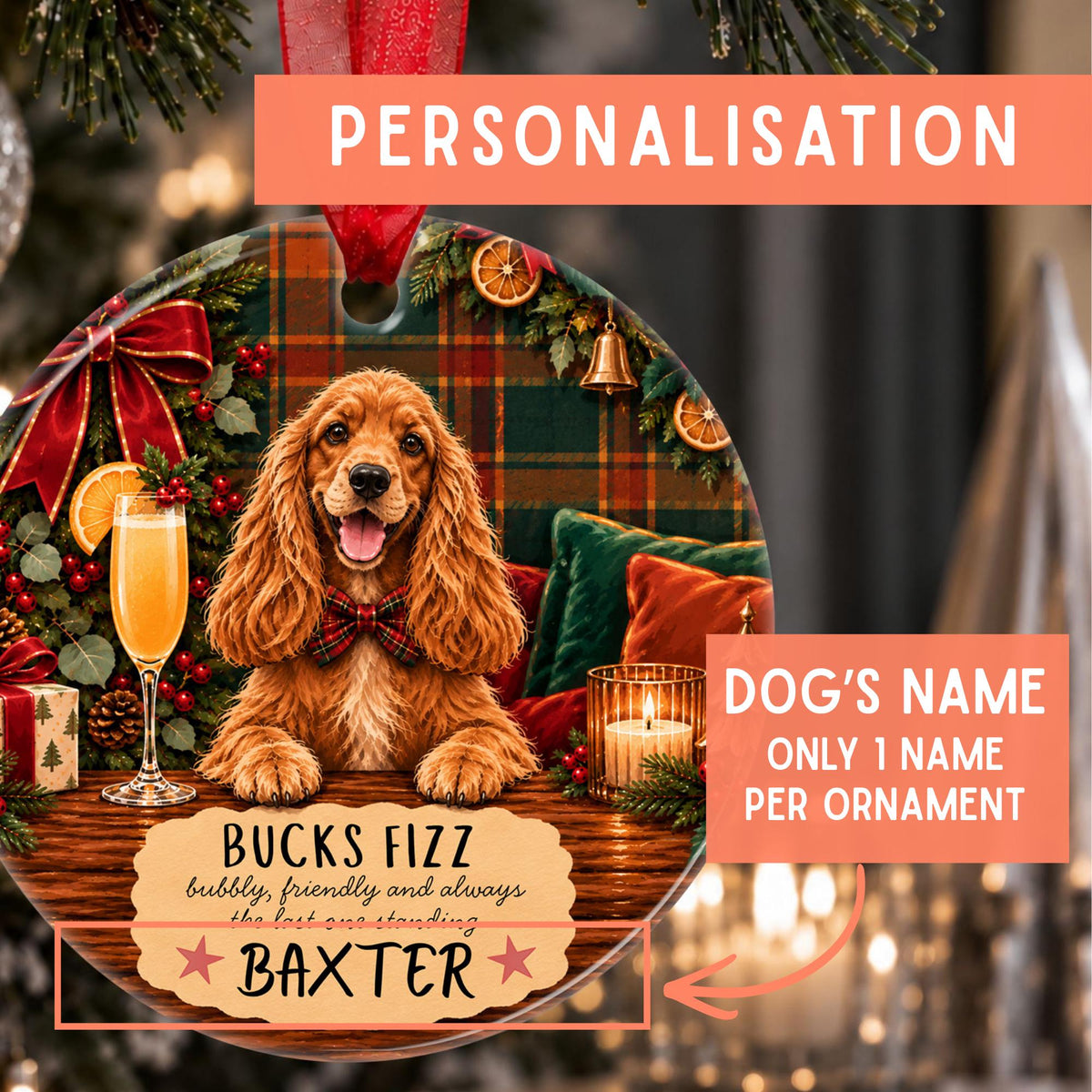 Personalized Christmas ornament featuring a brown cocker spaniel dog on a holiday-themed background with text fields for personalization and dog's name, shown against a blurred festive background.