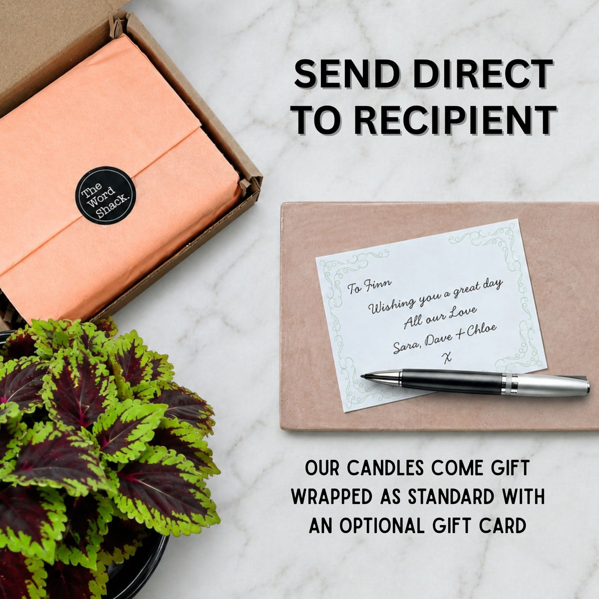 Gift-wrapped scented candle in peach tissue paper with The Word Shack branded sticker, displayed beside a handwritten gift message card, showing the gift-ready packaging and option to send directly to the recipient
