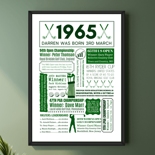 60th Golf Birthday Gift | Personalised 1965 Year You Were Born Golf Poster | 60th birthday gift for men – A4 Frame & Gift Option - The Word Shack