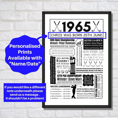 60th Golf Birthday Gift | Personalised 1965 Year You Were Born Golf Poster | 60th birthday gift for men – A4 Frame & Gift Option - The Word Shack