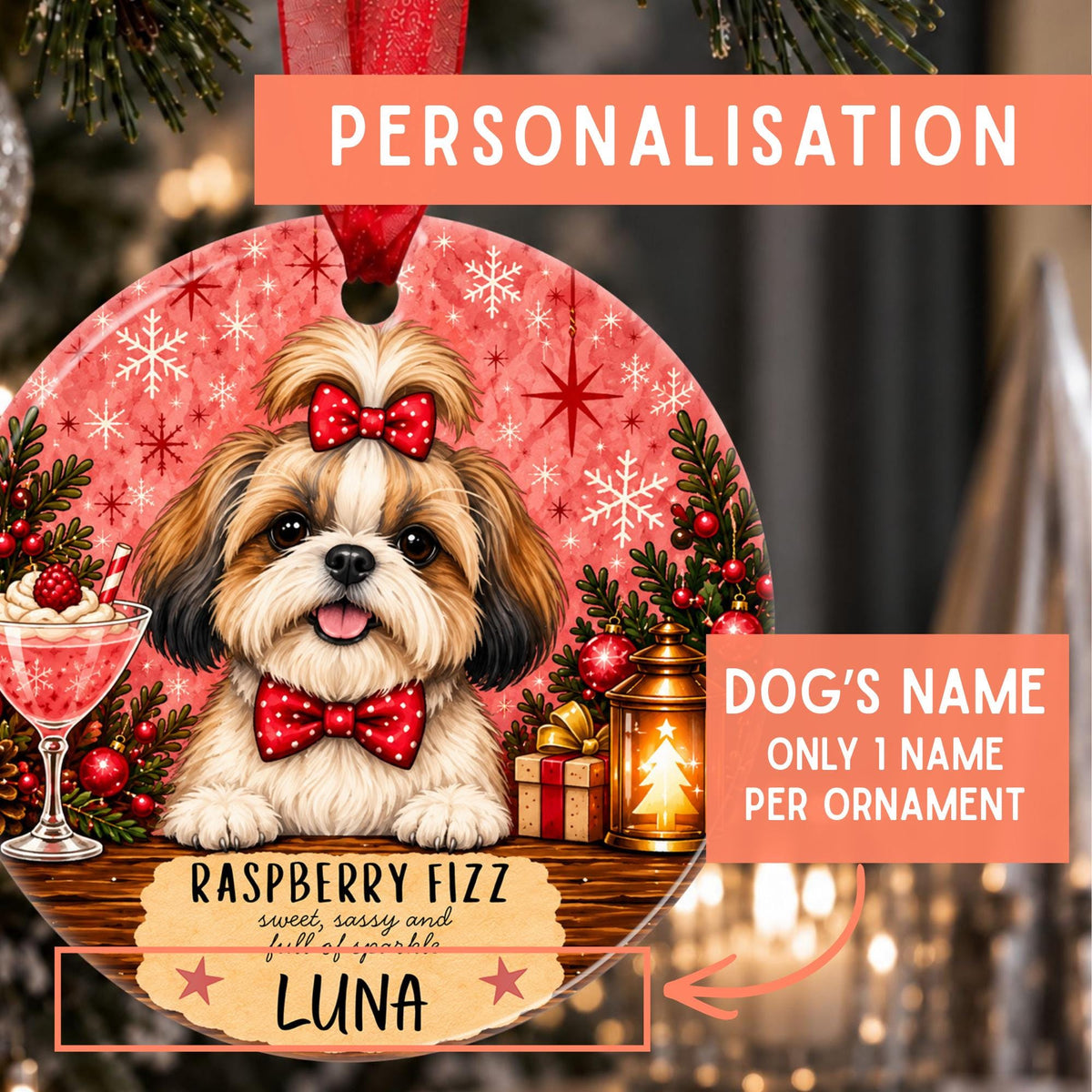 Personalized Christmas ornament featuring a Shih Tzu dog with a red polka-dot bow, surrounded by festive holiday decorations and text fields for personalization, shown against a blurred holiday background.