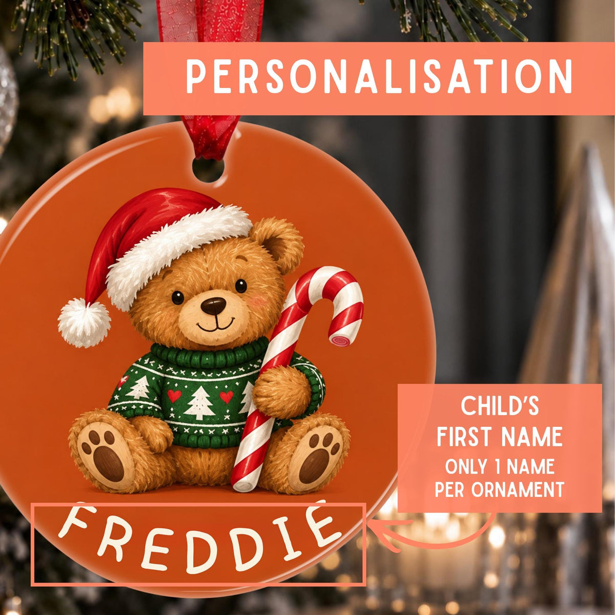Personalised Teddy Bear Christmas Bauble for Kids
