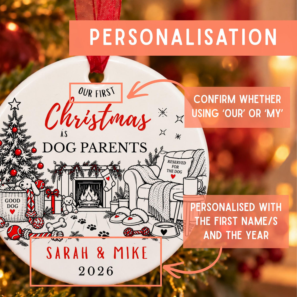 Personalized Christmas ornament mockup with text callouts explaining how to customize the design, shown against a warm blurred holiday background.