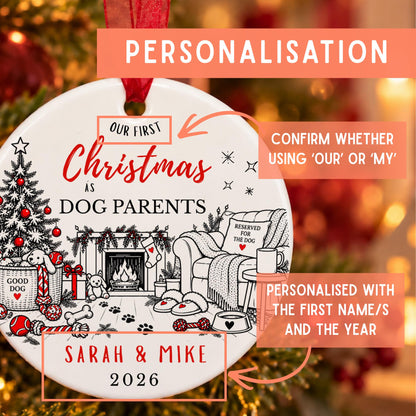 Personalized Christmas ornament mockup with text callouts explaining how to customize the design, shown against a warm blurred holiday background.