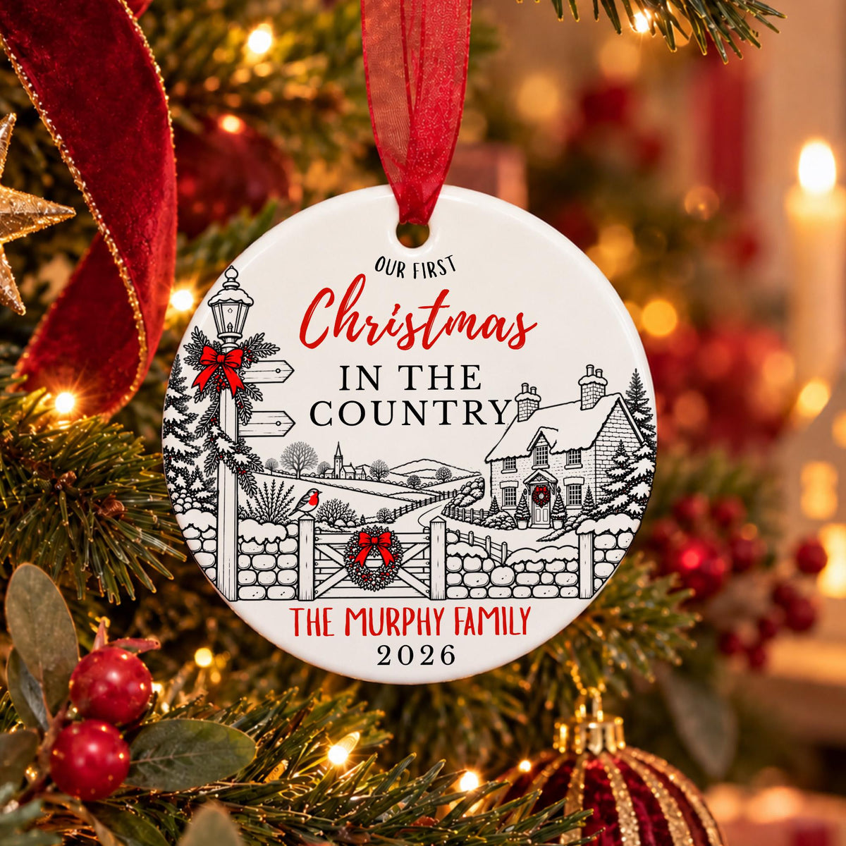 A personalized round Christmas ornament hanging on a decorated Christmas tree. The ornament is white with a red ribbon loop, featuring a black line art illustration of a winter village scene and red text that reads 'Our First Christmas in the Country' and 'The Murphy Family 2026'.