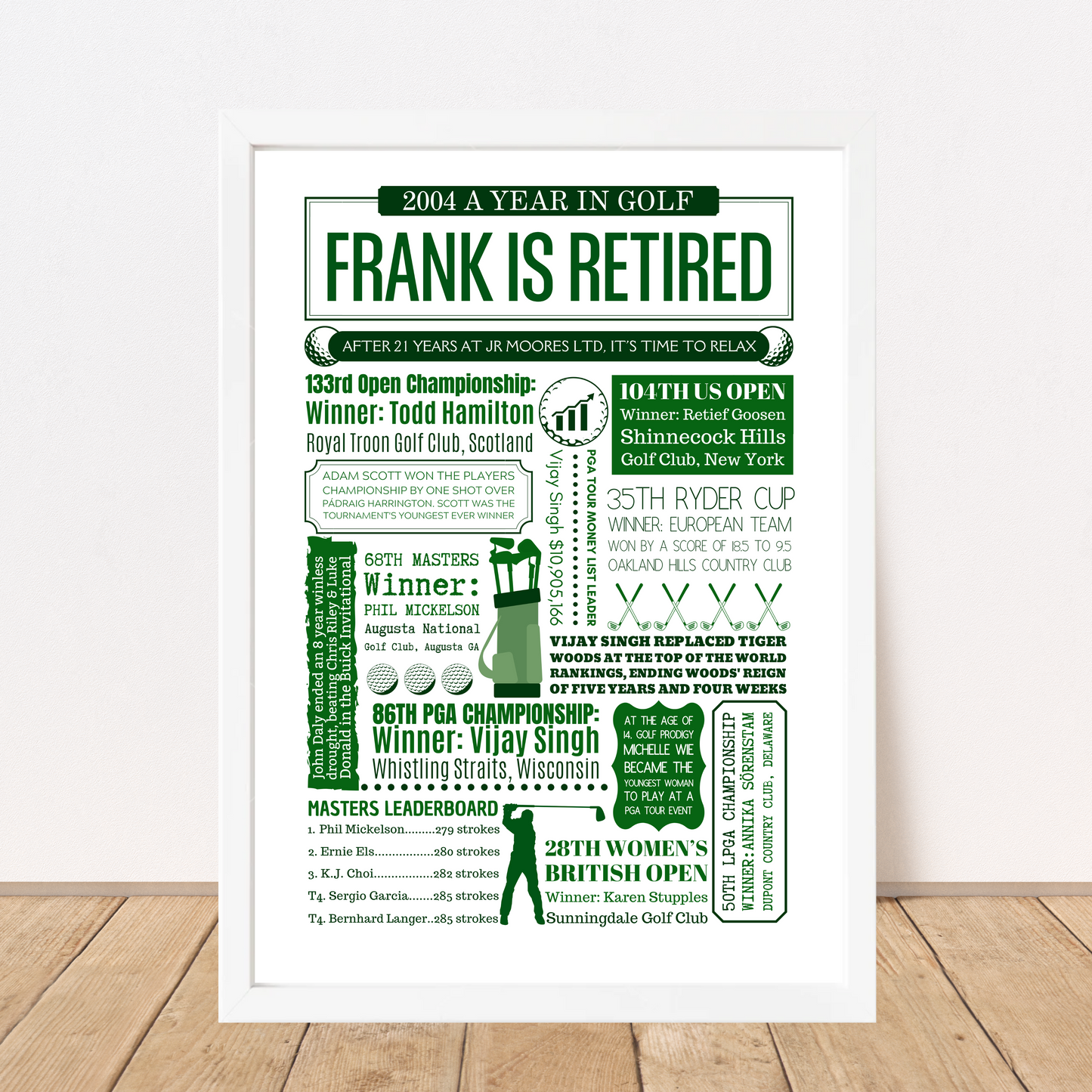 Golf Personalised Retirement Print - Any Year Leaving Gift