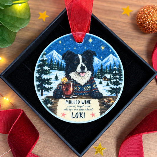 A personalized round Christmas ornament hanging from a red ribbon inside a black gift box. The ornament features an illustration of a black and white dog in a cozy sweater, holding a mug, with a snowy mountain landscape and stars in the background.