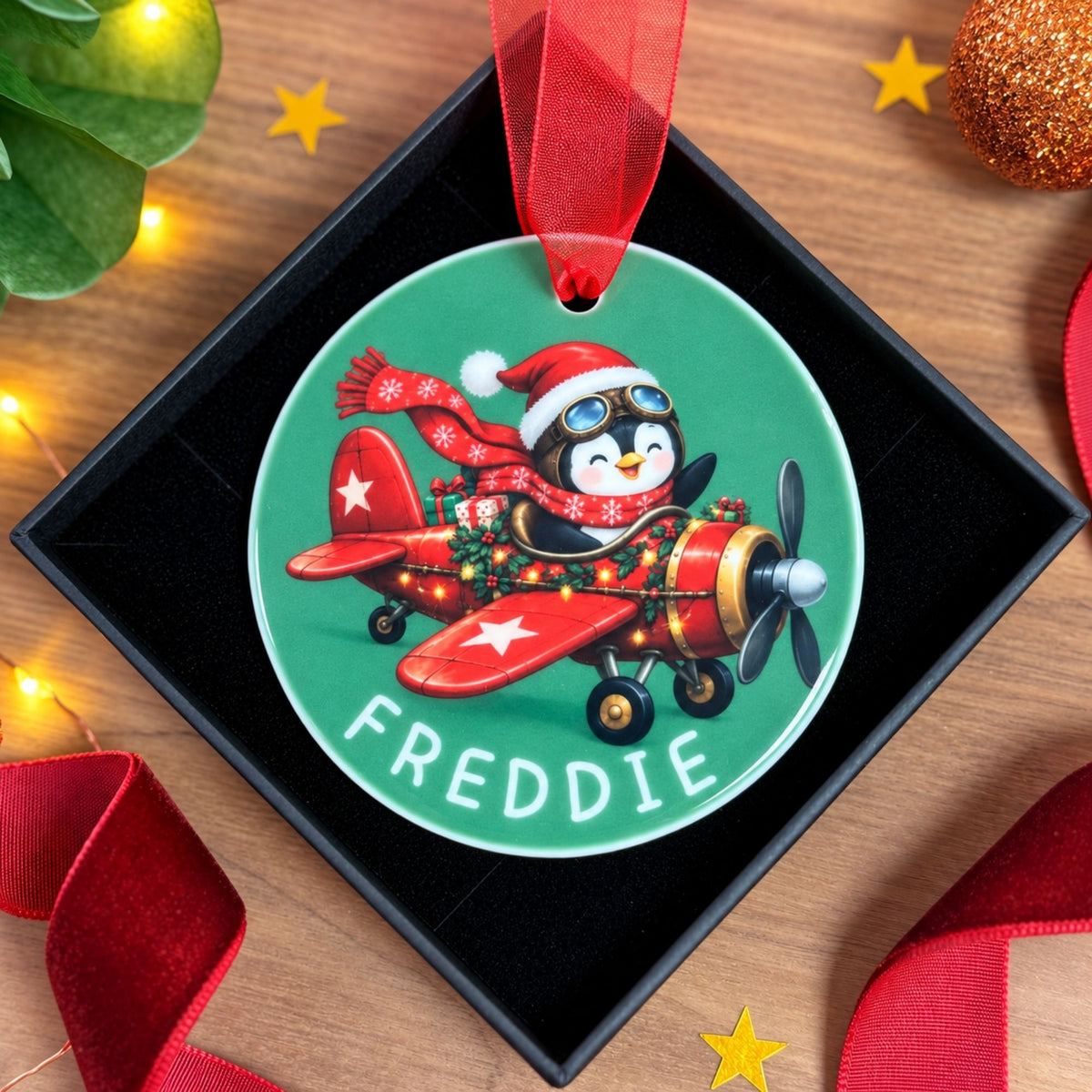 A personalized Christmas ornament in a black gift box, featuring a cartoon penguin pilot in a red airplane with the name 'FREDDIE' on a green circular background, surrounded by festive red ribbons and holiday decorations.