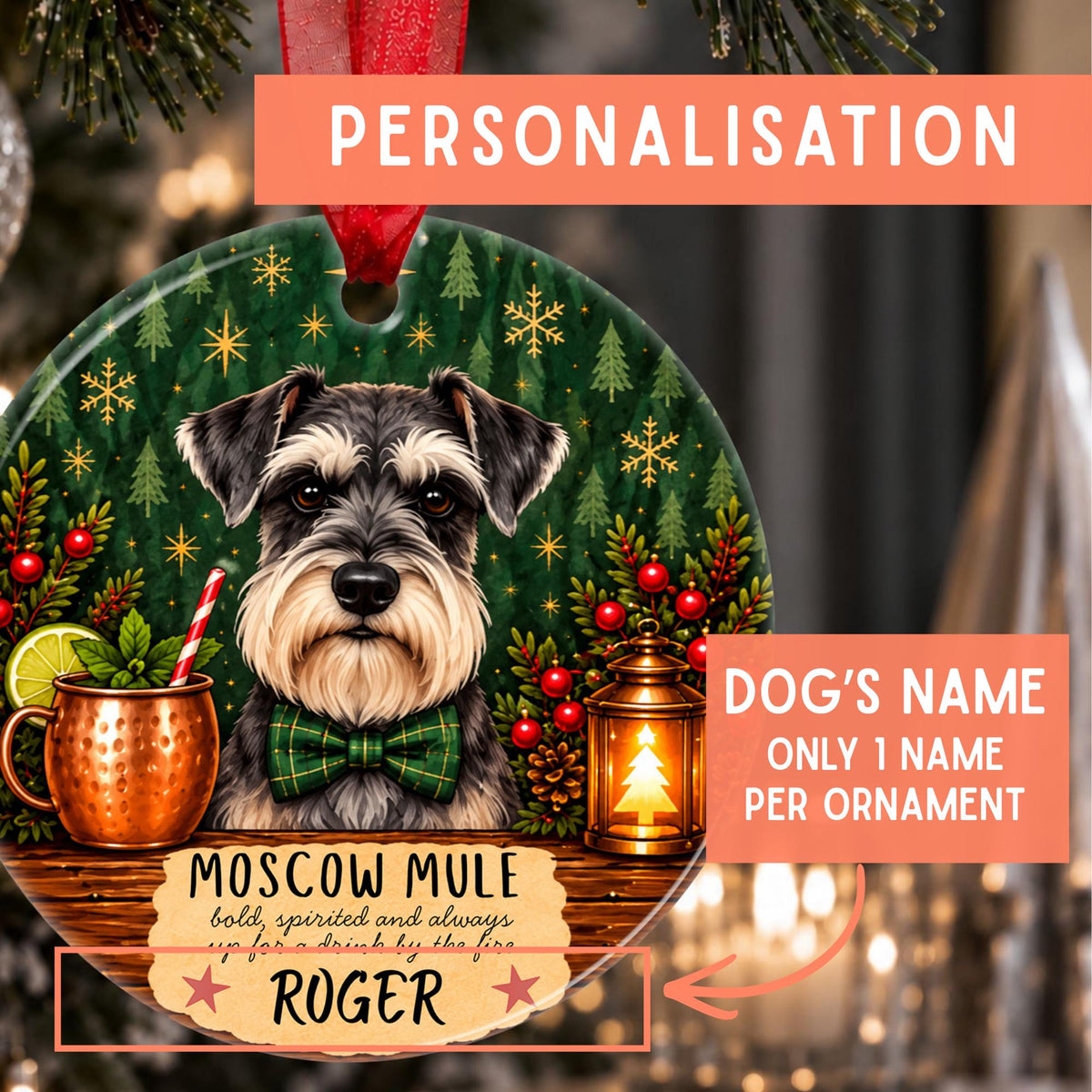 Personalized Christmas ornament featuring a dog portrait with festive holiday background and text fields for name and message, shown with promotional callouts.