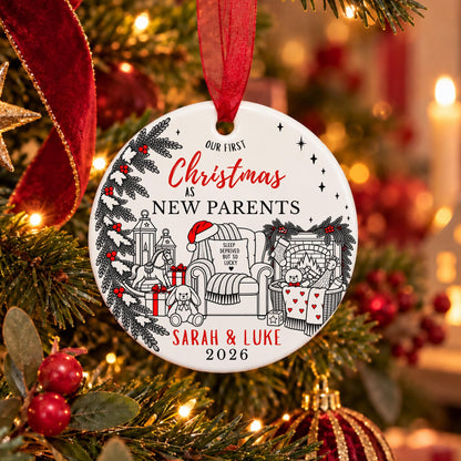 A personalized round Christmas ornament hanging from a red ribbon on a decorated Christmas tree. The white ornament features black line art of a cozy living room scene with a baby in a crib, a rocking chair, gifts, and a fireplace, with red and black text reading 'OUR FIRST Christmas AS NEW PARENTS Sarah & Luke 2026'.