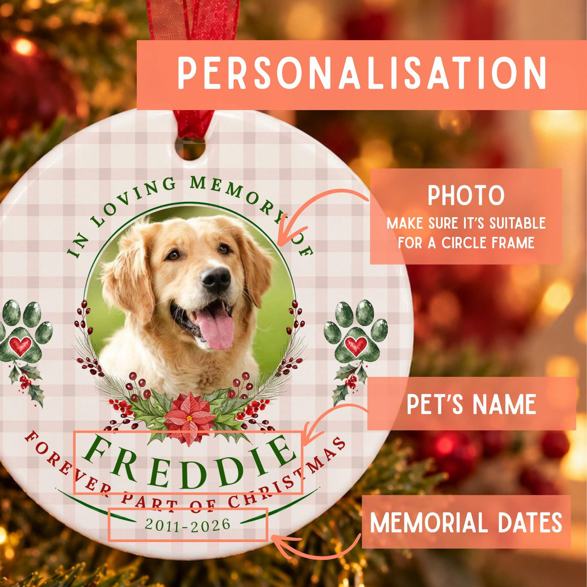 Personalized round Christmas memorial ornament featuring a golden retriever photo, gingham border, floral accents, and text including 'IN LOVING MEMORY OF FREDDIE' and 'FOREVER PART OF CHRISTMAS' with memorial dates, shown with callout labels on a festive blurred background.