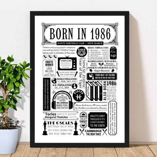 Born in 1986 Poster | Personalised 40th Birthday Gift - The Word Shack