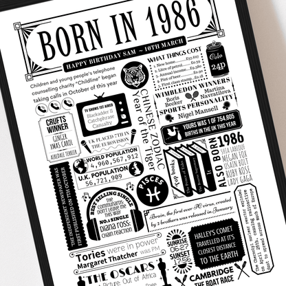 Born in 1986 Poster | Personalised 40th Birthday Gift - The Word Shack