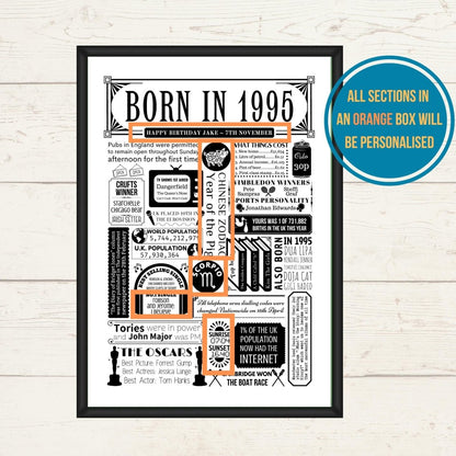 Born in 1995 Birthday Fact Print | Personalised 30th Birthday Gift - The Word Shack