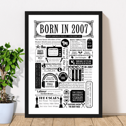 Born in 2007 18th Birthday Fact Poster | Personalised Year You Were Born Print - The Word Shack