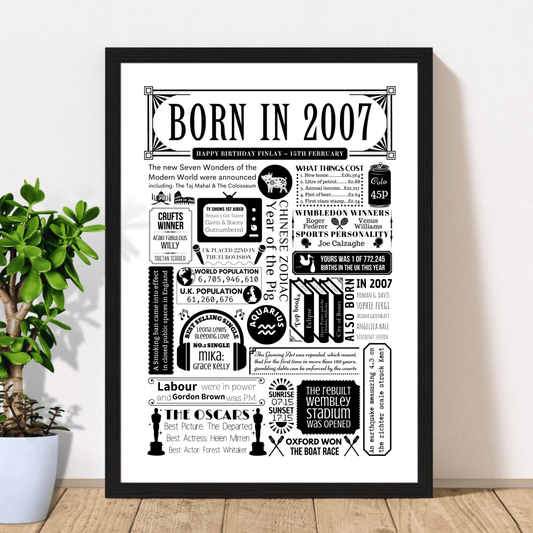 Born in 2007 18th Birthday Fact Poster | Personalised Year You Were Born Print - The Word Shack