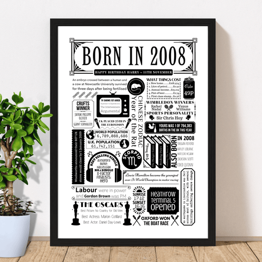 Born in 2008 Print | Personalised 18th Birthday Gift - The Word Shack