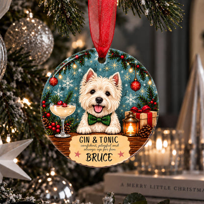 A personalized Christmas ornament shaped like a round tree branch, featuring a white Scottish Terrier dog wearing a green bow tie. The ornament is decorated with a teal holiday background, a cocktail glass, a lantern, pinecones, and red berries, with a hanging red ribbon.