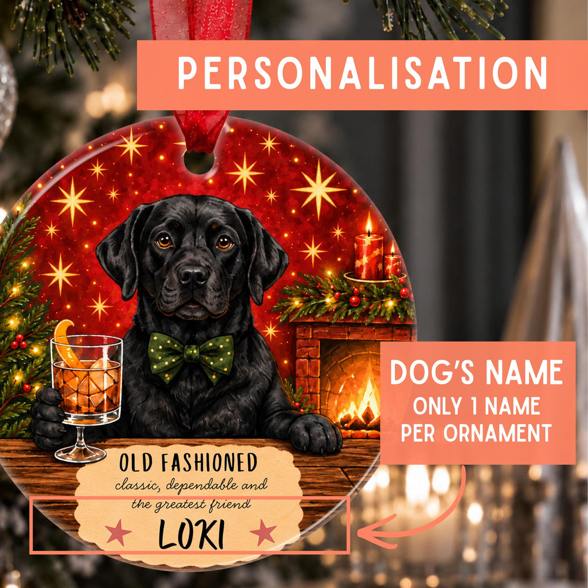 Personalized Christmas ornament featuring a black Labrador dog with a green bow tie, set against a festive holiday background with a fireplace, candles, and stars. The ornament includes customizable text fields for the dog's name and a red hanging ribbon.