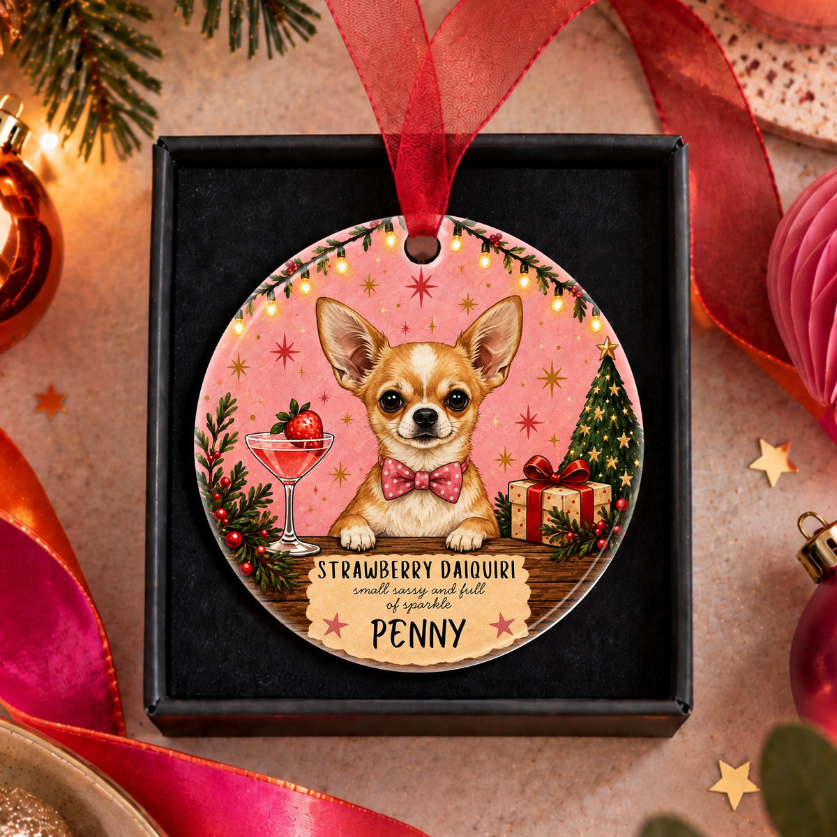 A personalized round Christmas ornament featuring a chihuahua dog illustration, hanging from a red ribbon in a black gift box. The ornament has a pink holiday background with a cocktail glass, Christmas tree, gift box, and the text 'STRAWBERRY DAIGURI small dog and full of sparkle PENNY'.