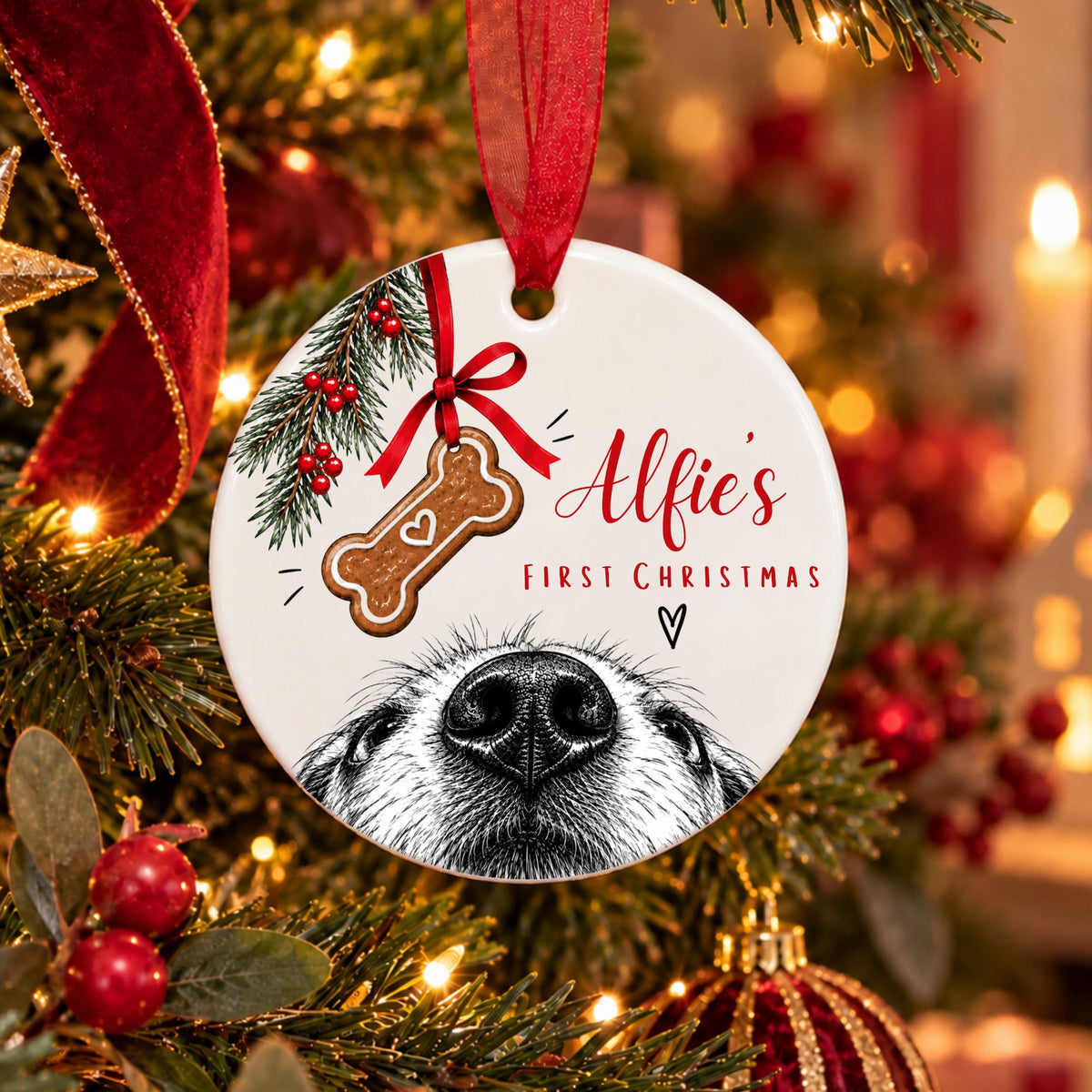 A round ceramic Christmas ornament hanging on a decorated Christmas tree. The ornament is white with a red ribbon, featuring a black-and-white dog face illustration, a red ribbon bow, a brown bone-shaped cookie graphic with the word 'Love', and the text 'Alfie's First Christmas'.