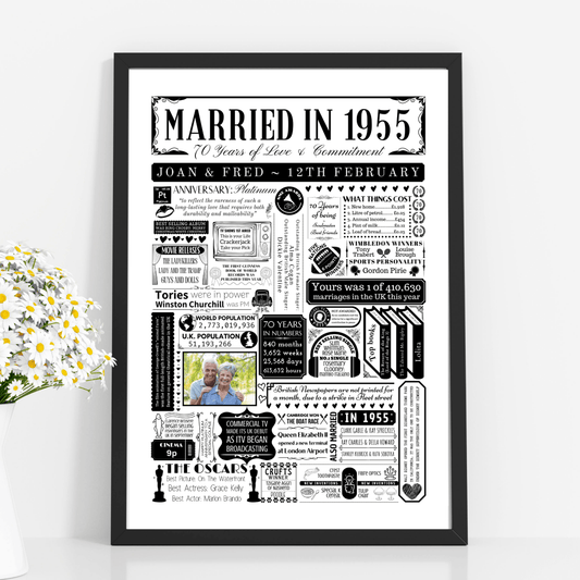 Married in 1955 Print with Photo | Personalised 70th Platinum Wedding Anniversary Gift - The Word Shack