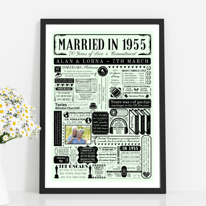 Married in 1955 Print with Photo | Personalised 70th Platinum Wedding Anniversary Gift - The Word Shack