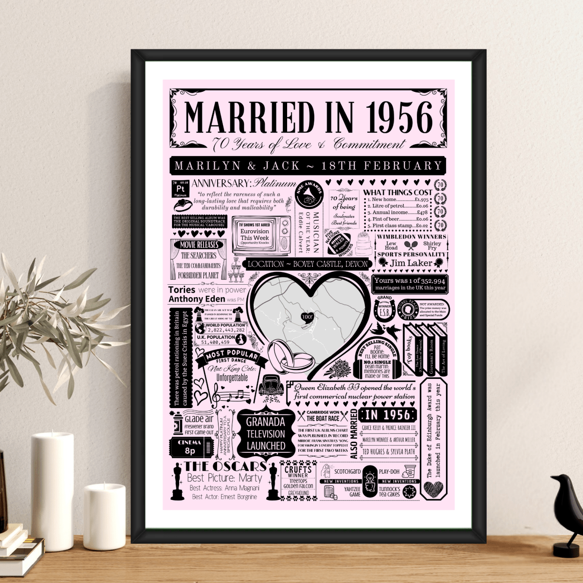 Married in 1956 Wedding Location Map Print | Personalised 70th Anniversary Gift - The Word Shack