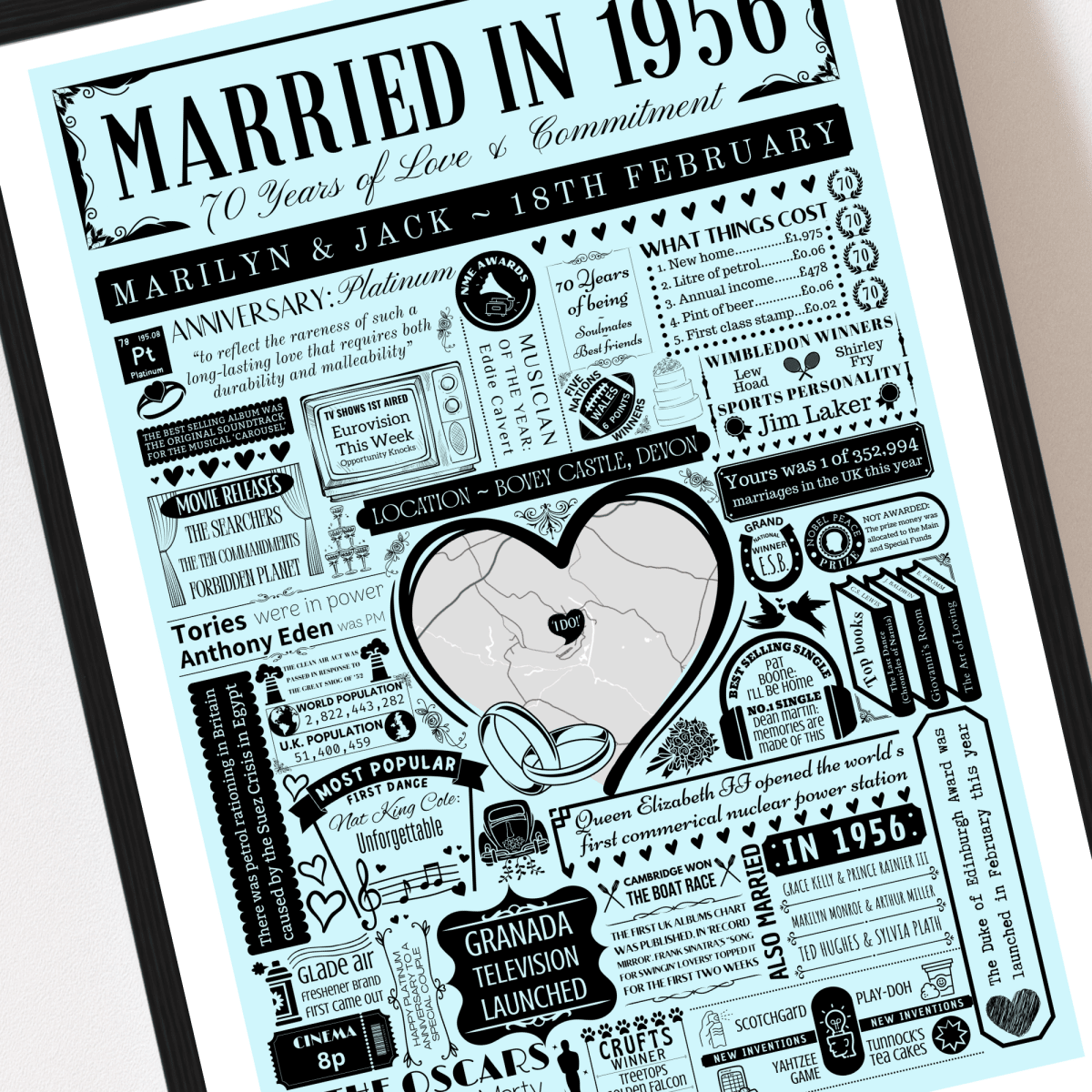 Married in 1956 Wedding Location Map Print | Personalised 70th Anniversary Gift - The Word Shack