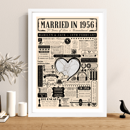 Married in 1956 Wedding Location Map Print | Personalised 70th Anniversary Gift - The Word Shack