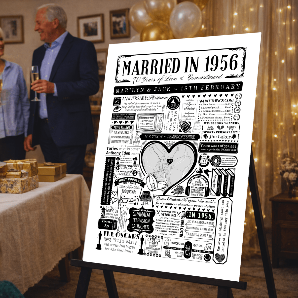 Married in 1956 Wedding Location Map Print | Personalised 70th Anniversary Gift - The Word Shack