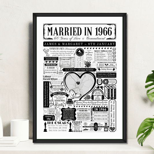 Married in 1966 Wedding Location Map Print | Personalised 60th Anniversary Gift - The Word Shack