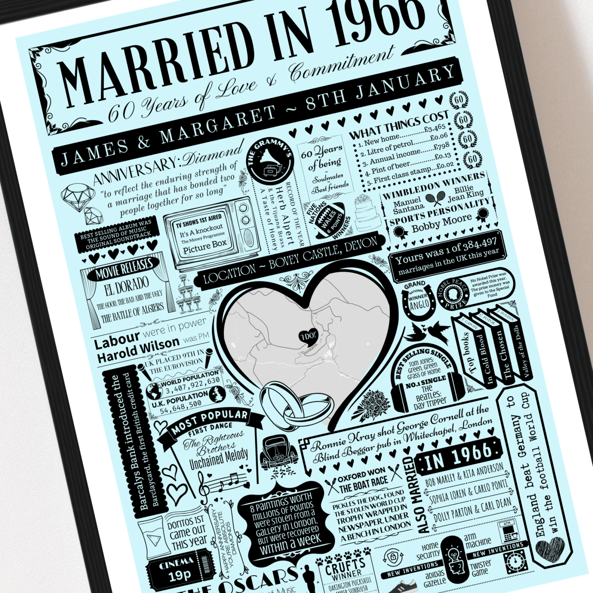 Married in 1966 Wedding Location Map Print | Personalised 60th Anniversary Gift - The Word Shack
