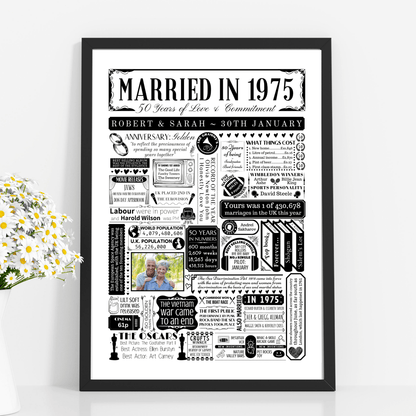 Married in 1975 Fact Print with Photo | Personalised 50th Golden Wedding Anniversary Gift - The Word Shack