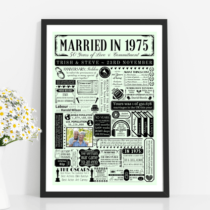 Married in 1975 Fact Print with Photo | Personalised 50th Golden Wedding Anniversary Gift - The Word Shack