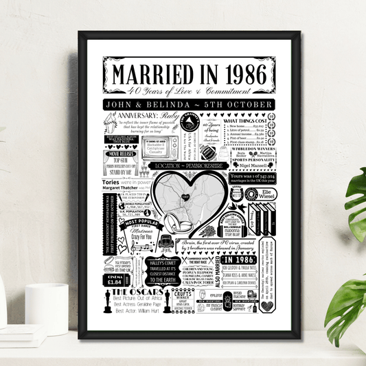Married in 1986 Wedding Location Map Print | Personalised 40th Anniversary Gift - The Word Shack