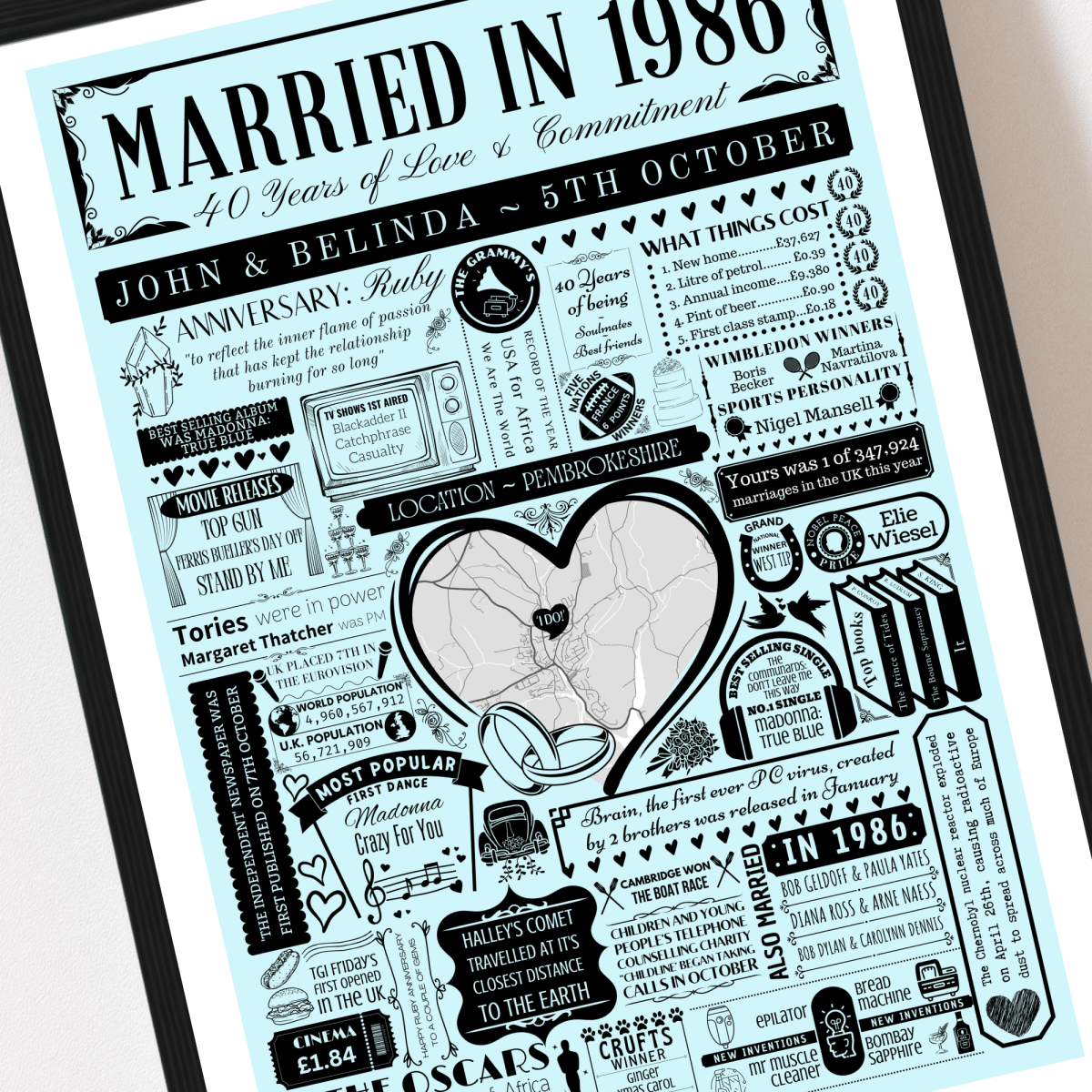 Married in 1986 Wedding Location Map Print | Personalised 40th Anniversary Gift - The Word Shack