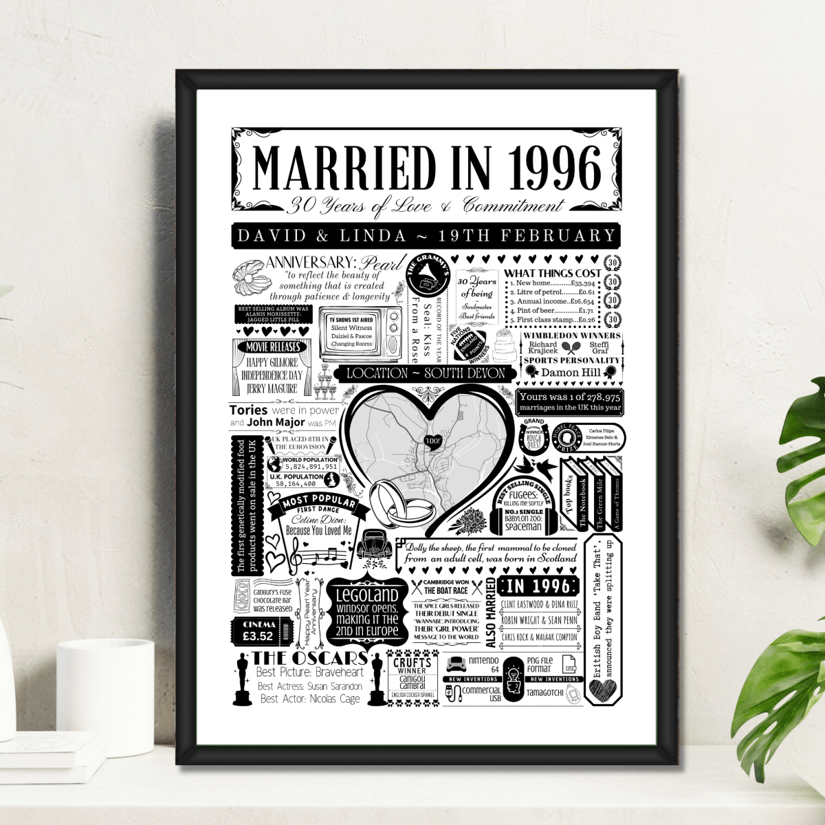 Married in 1996 Wedding Location Map Print | Personalised 30th Anniversary Gift - The Word Shack