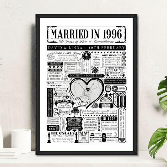 Married in 1996 Wedding Location Map Print | Personalised 30th Anniversary Gift - The Word Shack
