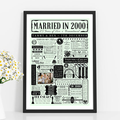 Married in 2000 Print with Photo | Personalised 25th Silver Wedding Anniversary Gift - The Word Shack